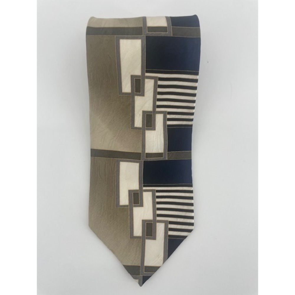 Ottimo Uomo Necktie Mens  Navy Tan Geometric Abstract 100% Silk Hand Made